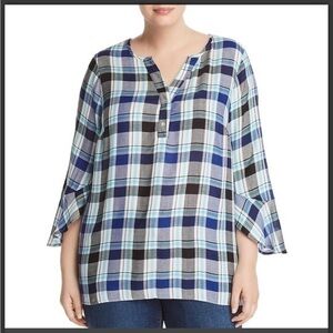 STATUS BY CHENAULT 2X Blue Plaid Henley Top Ruffle Sleeve